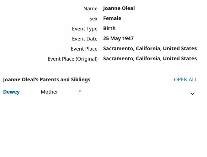 California Birth Index: Joanne Oleal, born May 25, 1947, Sacramento